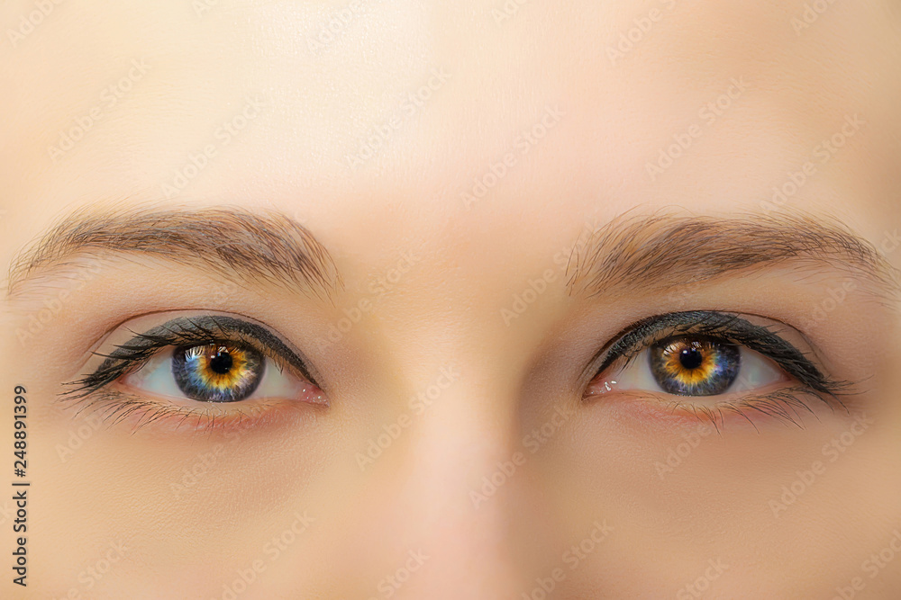 Naklejka premium Female eyes with long eyelashes and professional make-up close-up macro