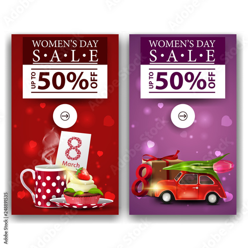 Two discount banners for women's day with cup of tea with cupcake and car with Tulip