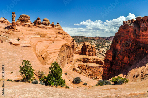 Steep Drop Into a Canyon of Red Sandstone in Arches National Park of Utah