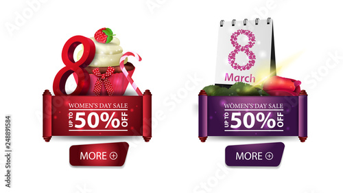 Two discount banners for women's day with buttons, cupcake and rose