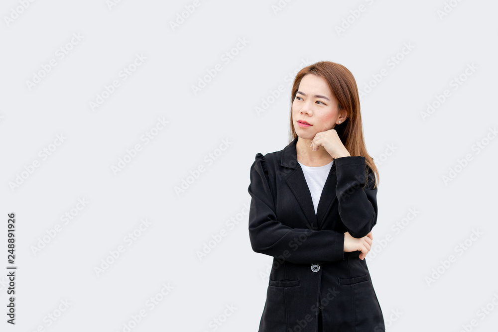asian business woman thinking hard with long hair in black suit isolated on white color background asian business woman thinking hard with long hair in black suit isolated on white color background