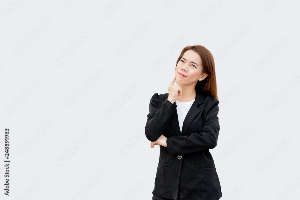 asian business woman thinking and smile with long hair in black suit isolated on white color background asian business woman thinking and smile with long hair in black suit isolated on white color background