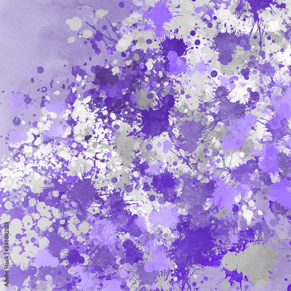 Violet paint splatter effect texture on gray paper background. Artistic backdrop. Different paint drops. Rusted metal.