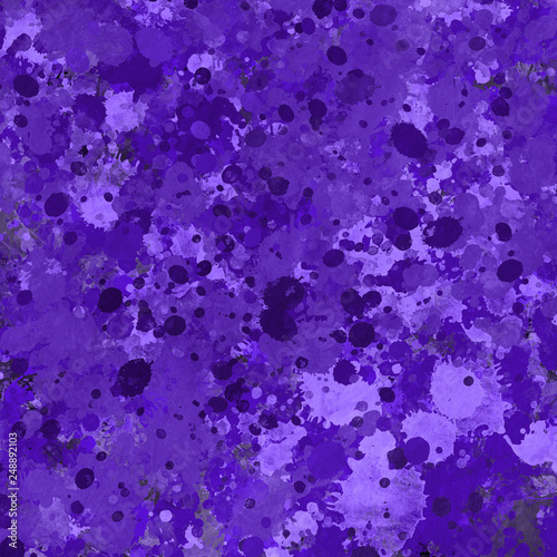 Violet paint splatter effect texture on gray paper background. Artistic backdrop. Different paint drops. Rusted metal. © artistmef