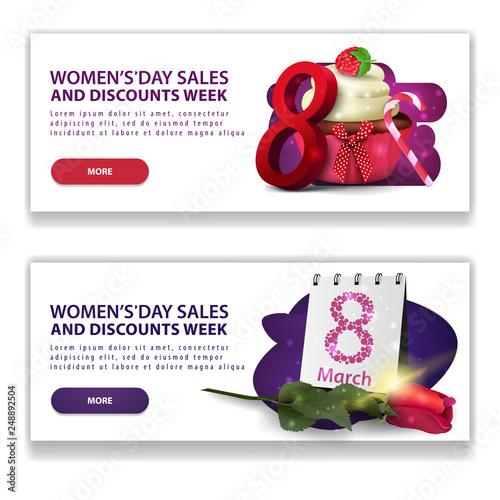Two discount white banners for women's day with buttons, cupcake and rose