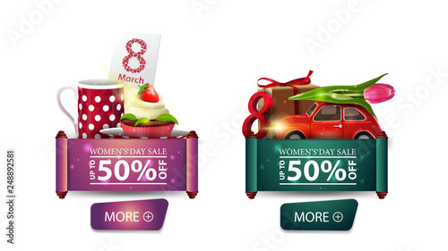 Two discount banners for women's day with buttons, cup of tea with cupcake and car with Tulip