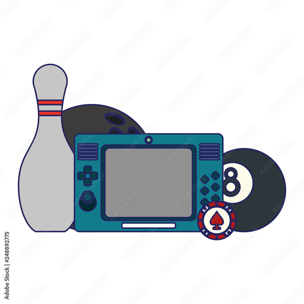 Naklejka premium Videogames console with pool ball and bowling