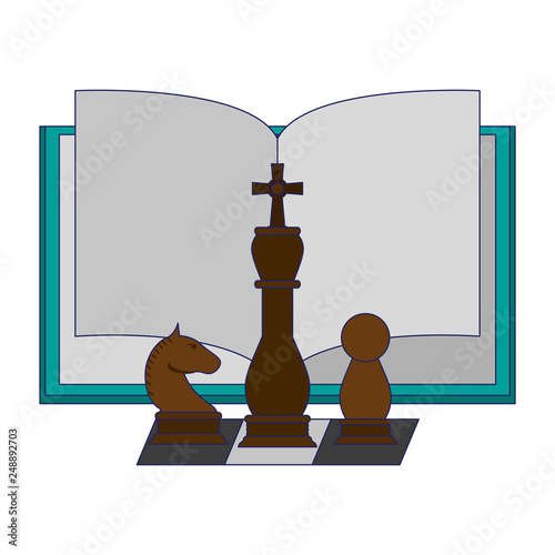 Book open with chess pieces