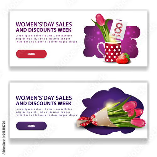 Two discount white banners for women's day with buttons, tulip in a mug and bouquet of tulips