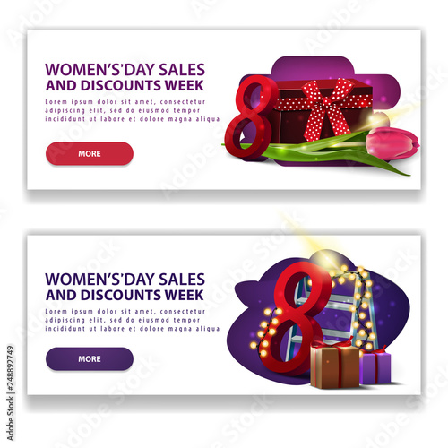 Two discount white banners for women's day with buttons, gifts and Tulip