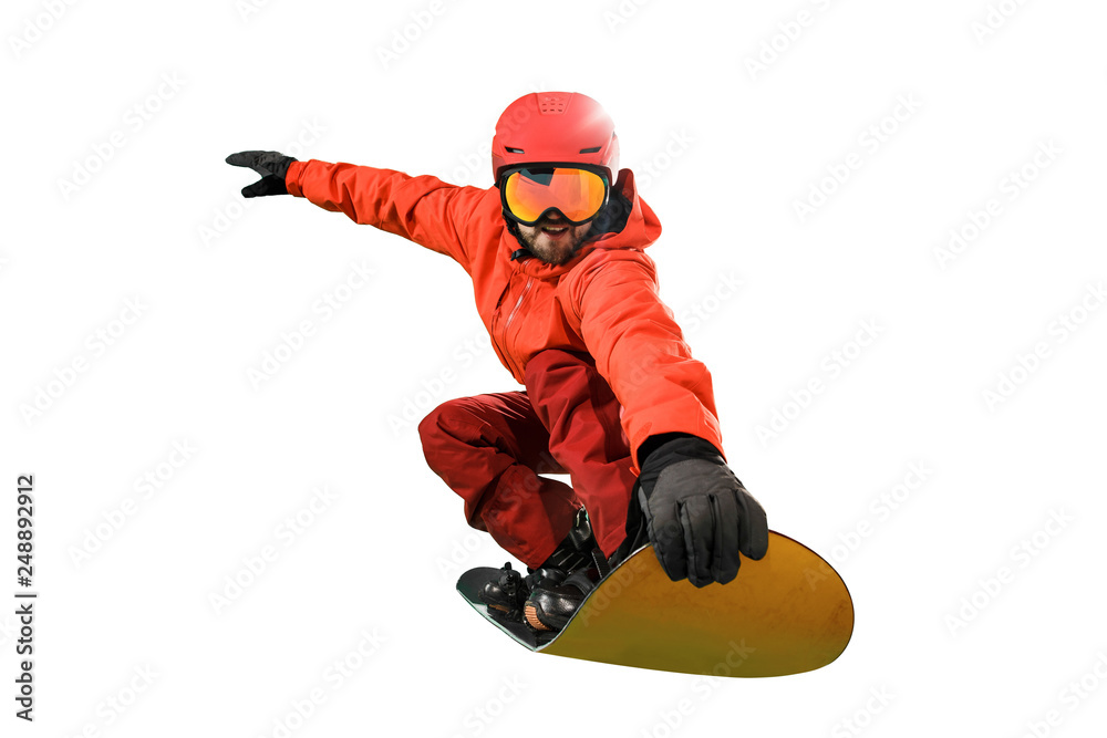 Portrait of young man in sportswear with snowboard isolated on a white studio background. The winter, sport, snowboarding, snowboarder, activity, extreme concept Portrait of young man in sportswear with snowboard isolated on a white studio background. The winter, sport, snowboarding, snowboarder, activity, extreme concept