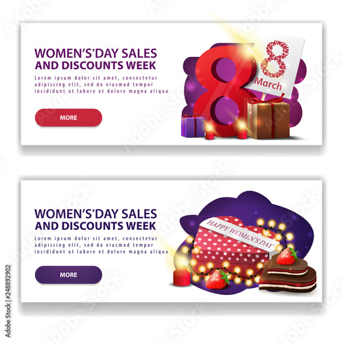 Two discount white banners for women's day with buttons, gifts with the number eight and gift in the shape of a heart