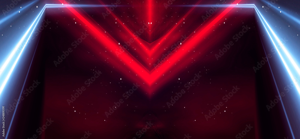 Obraz premium Tunnel neon light, underground passage. Abstract red background. Background black empty with neon light. Abstract background with lines and glow