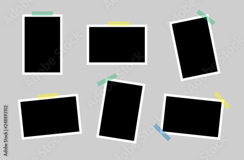 Set of photo frames isolated on grey background with stick tape. Realistic mockups. Color adhesive tapes.