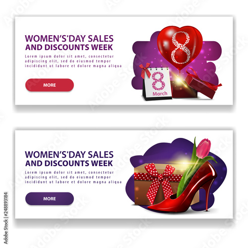 Two discount white banners for women's day with buttons, gift, balloon and women's Shoe with tulips inside