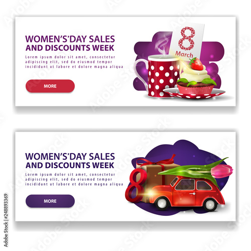 Two discount white banners for women's day with buttons, cup of tea with cupcake and car with Tulip