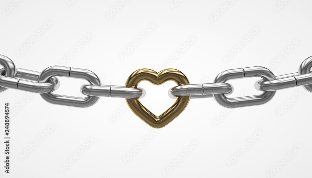 Fototapeta premium Golden link with heart shape, silver chain