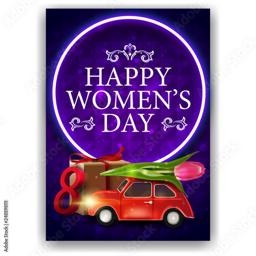 Blue postcard for women's day with neon circle and car with Tulip