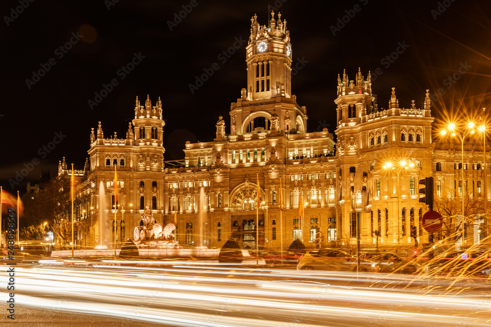 Night view over beautiful Communication Palace, Madrid