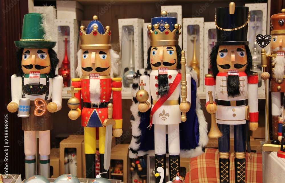 Bavarian nutcrackers and British nutcracker dolls at Christmas market