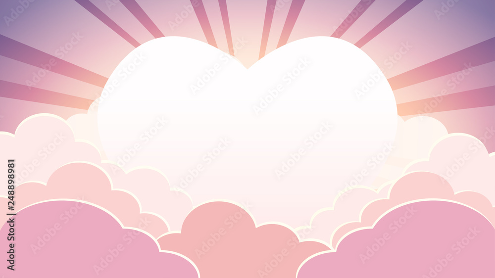 Valentines day colorful sky in in the morning time background with clouds and sun heart with rays