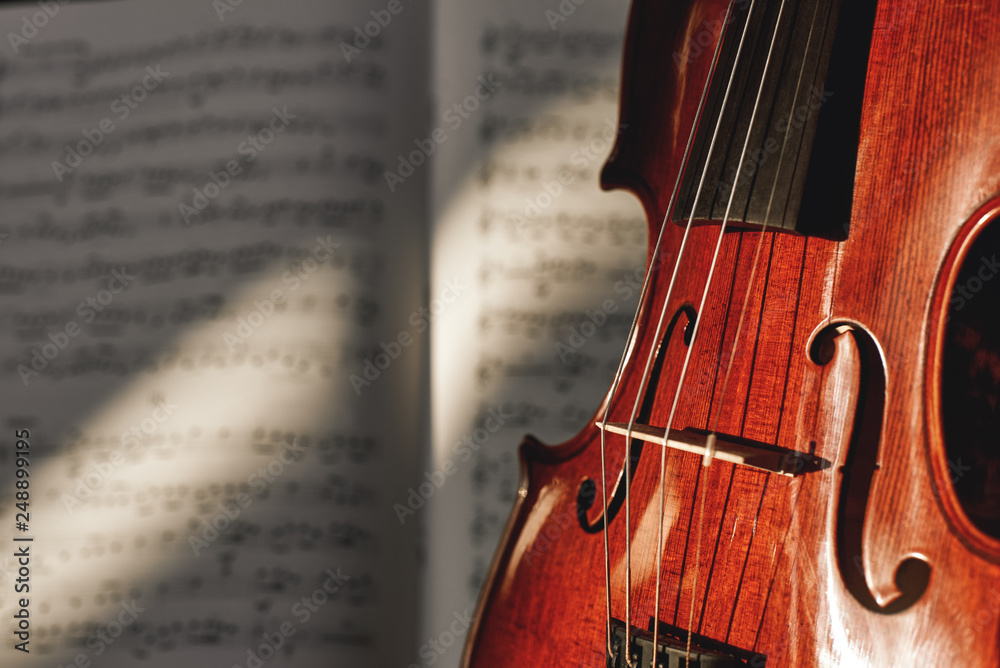Fototapeta premium Preparing for a concert. Classic brown violin on music score sheet background. Musical instruments.