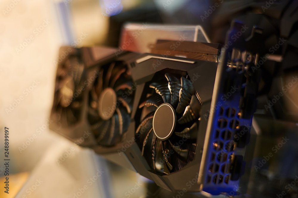 Fototapeta premium row of many video cards is on sale at showcase in store. graphics chipsets selling concept