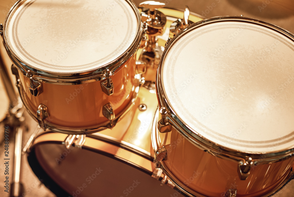Playing live music. Close up view of professional drum set in music studio. Music concept. Playing live music. Close up view of professional drum set in music studio. Music concept.
