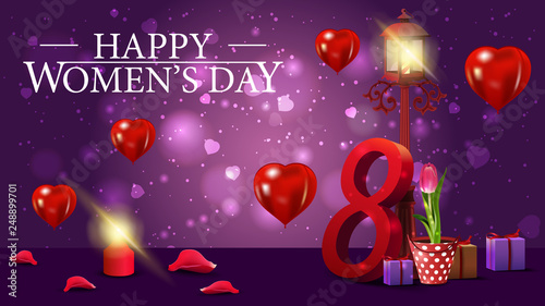 Horizontal purple greeting card for women s day with tulip in a bucket under a lantern