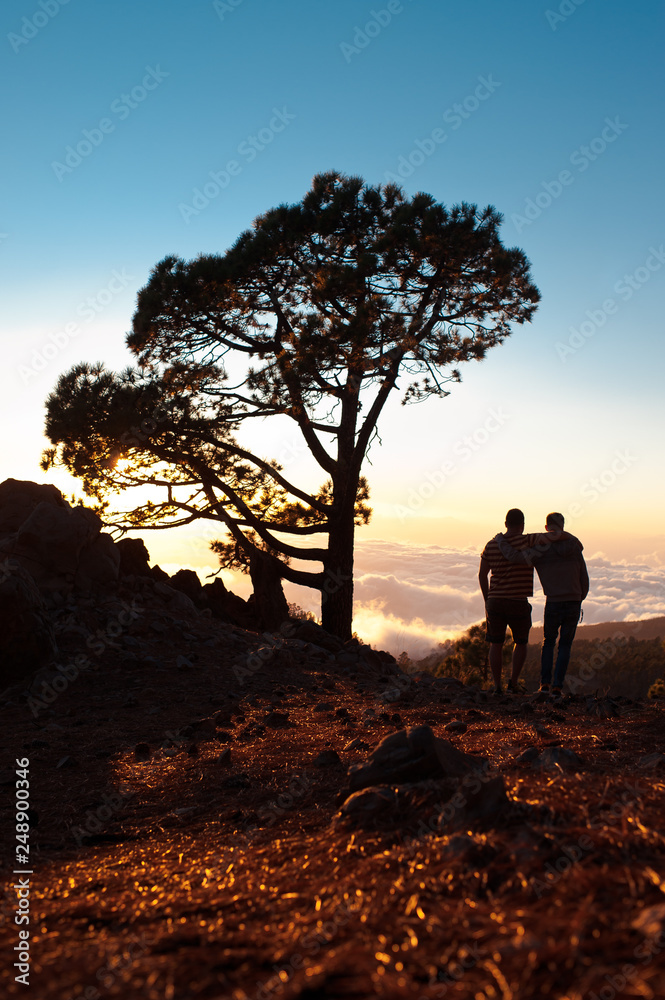 Friends on walk together on the top of the mountain . Two man hiking on a summer day.
