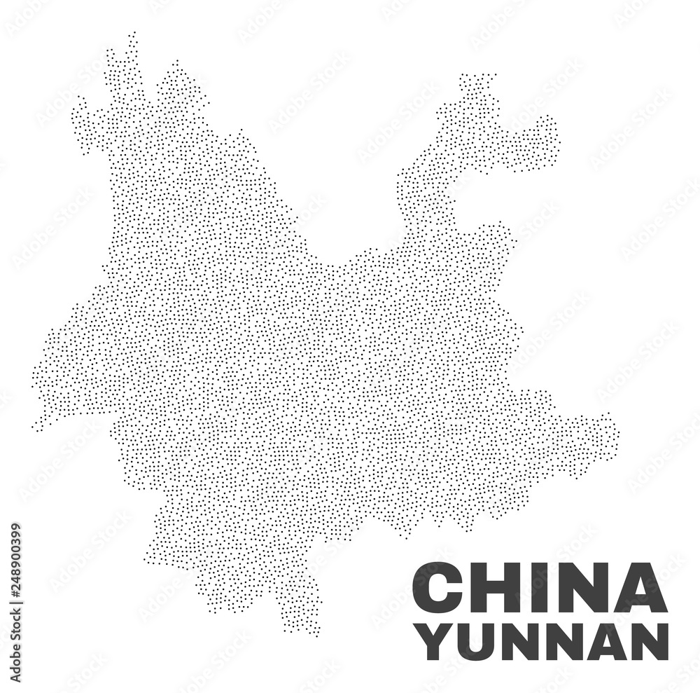 Yunnan Province map designed with small dots. Vector abstraction in black color is isolated on a white background. Random small dots are organized into Yunnan Province map.