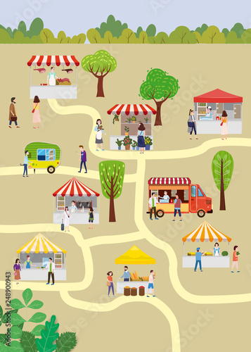 Outdoor street food festival with people walking between vans or caterers, canopy, buying meals, eating and drinking, taking selfie, talking to each other. Template, flyer, baner, invitation, card