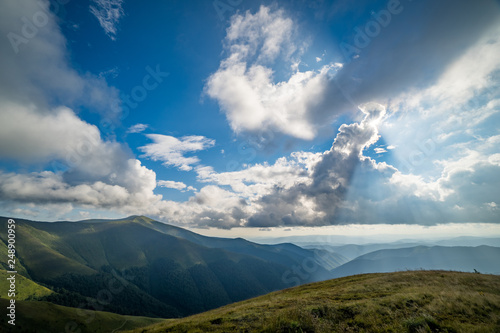 Landscape of Borzhava ridge of the Ukrainian Carpathian Mountains. Clouds above Carpathians