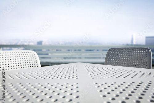 white table background and city landscape 