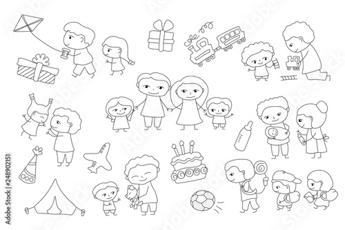 Fototapeta Naklejka Na Ścianę i Meble -  Traditional family scene vector illustration on white background. Happy children and parents coloring page.