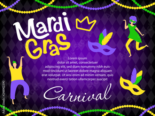 Holiday party poster of Mardi Gras carnival or Shrove Tuesday, background for greeting card, banner, gift packaging, sale or party templates 