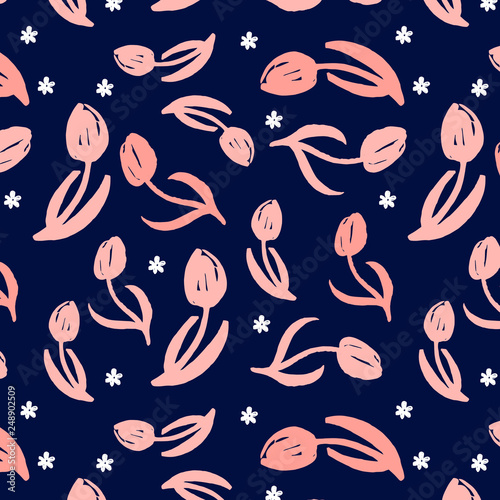 Cute pattern with hand drawn tulips. Perfect design for posters, cards, textile, web pages.