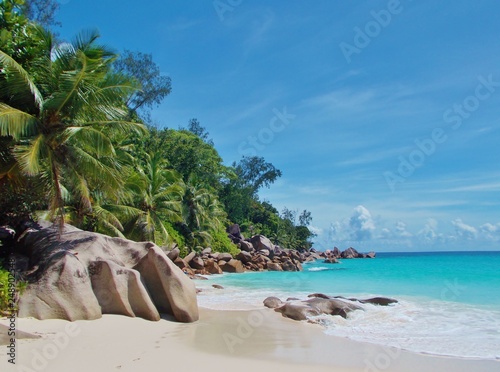 Coconut palm trees and green jungle vegetation with typical rock formation at the ocean shore of a white paradise sand beach and turquoise water. Summer vacation with sunshine on the Seychelles island