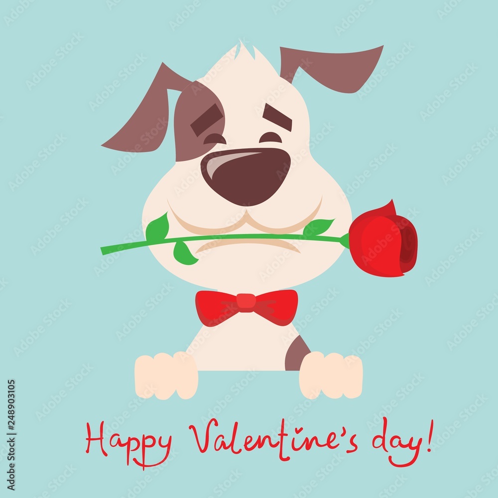 Vector illustration card with cute cartoon little Valentine dog in ...