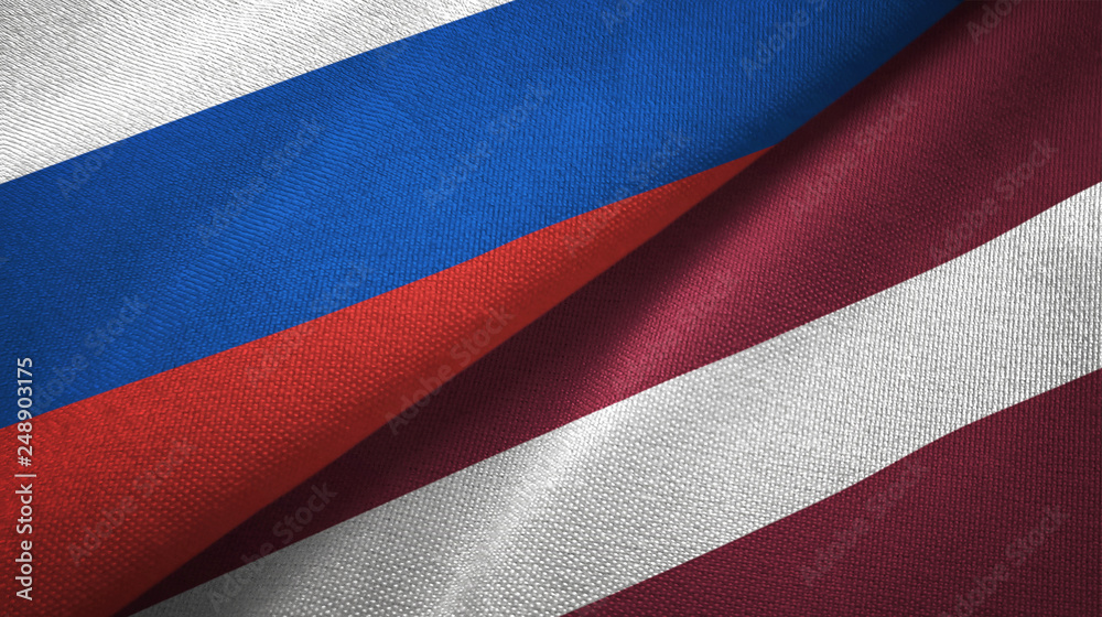 Russia and Latvia two flags textile cloth, fabric texture