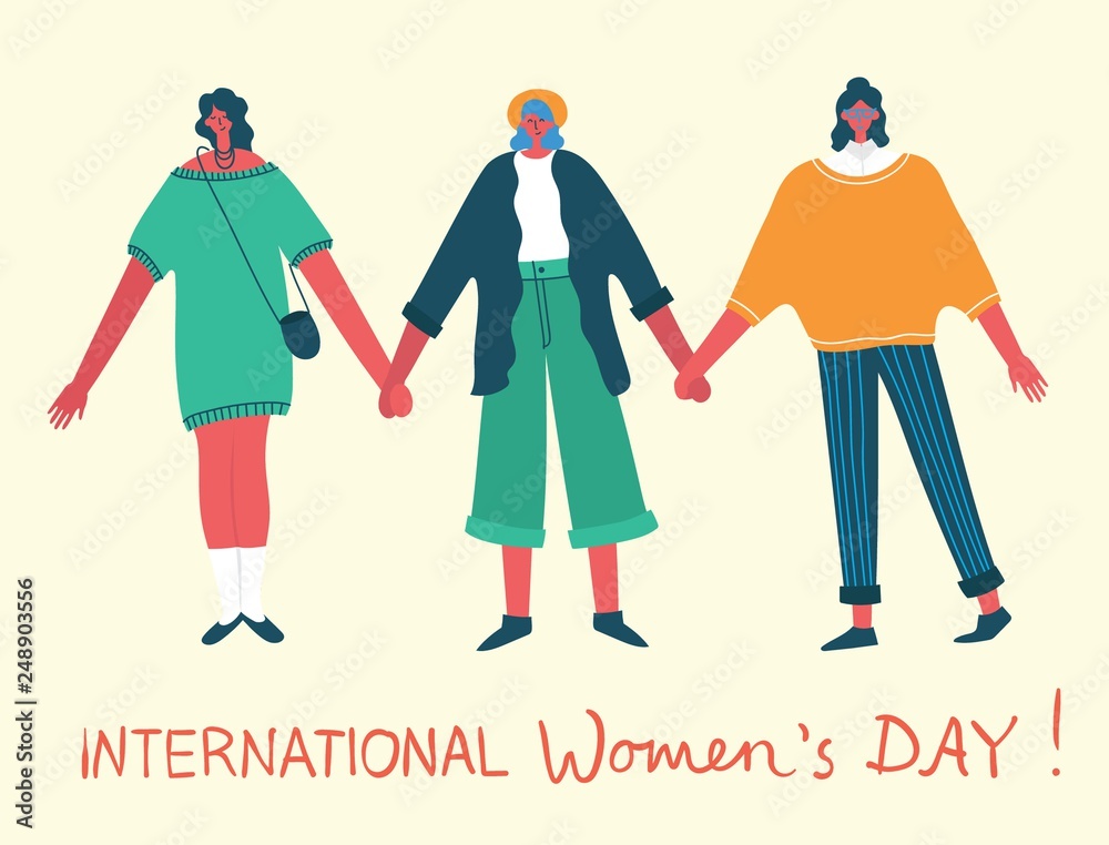 Colorful vector illustration concept of Happy Women's internarional day . Group of jumping happy female friends, union of feminists, sisterhood in flat design 