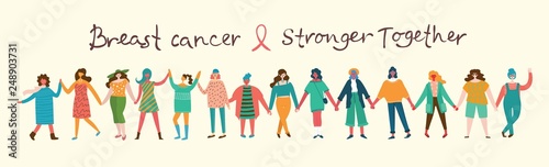 Vector illustration concept flat design of women of the world against breast cancer. Concept of breast cancer awareness with hand drawn text