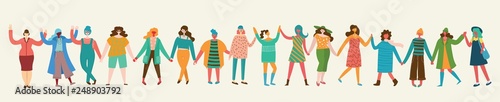 Colorful vector illustration concept of Happy women or girls standing together and holding hands. Group of female friends, union of feminists, sisterhood in flat design