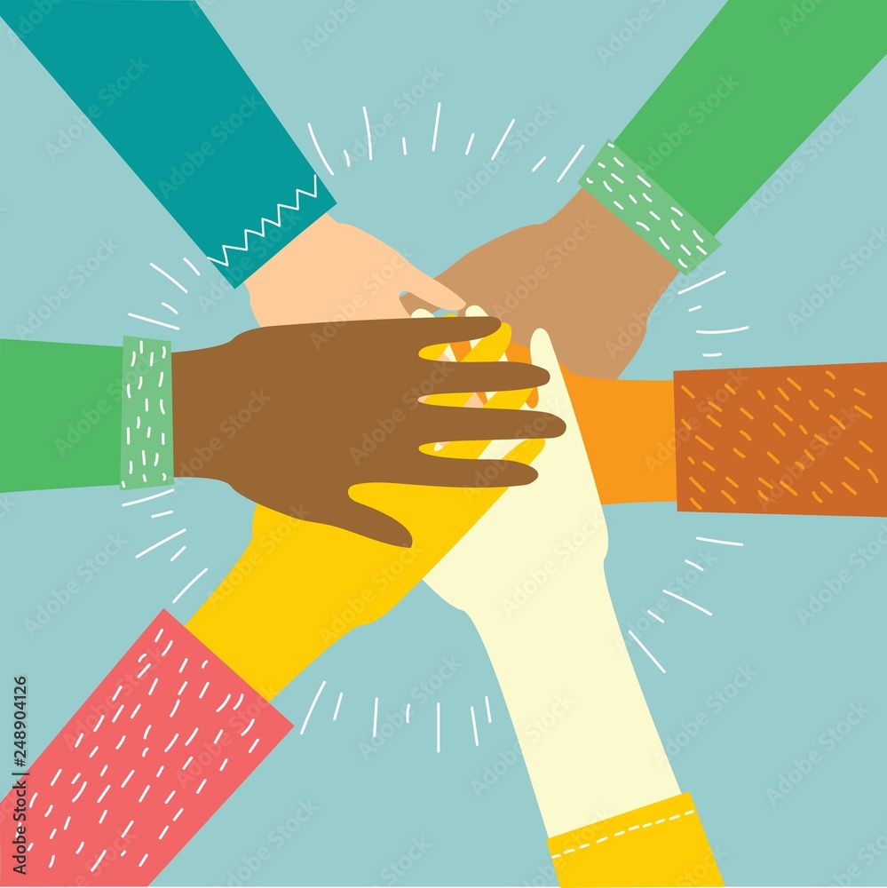 Vector cartoon illustration of hands putting together, showing unity and  teamwork, top view. Concept of team work in flat style. Stock Vector |  Adobe Stock