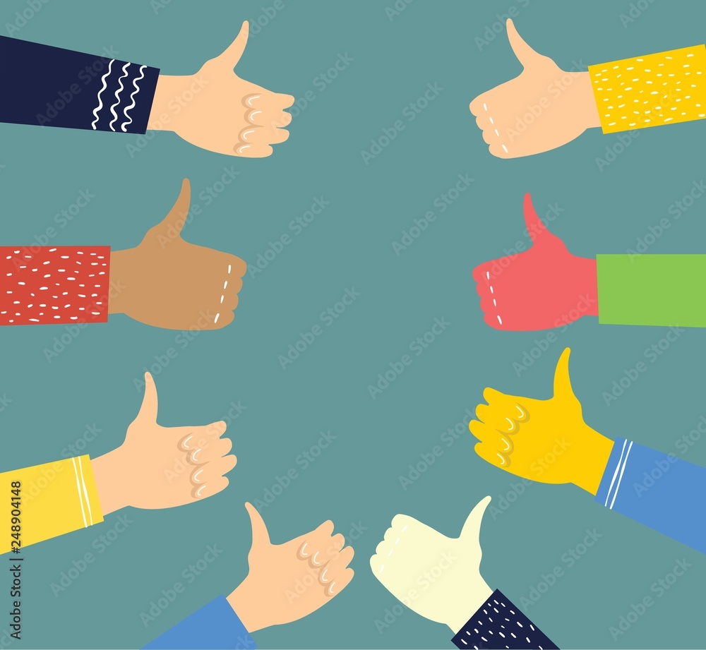 Vector illustration of hands with thumbs up in flat style. Concept of ...
