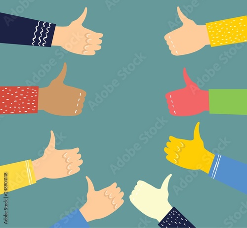 Vector illustration of hands with thumbs up in flat style. Concept of public approval, acknowledgment by audience, positive opinion, recognition