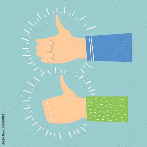 Vector illustration of hands with thumbs up in flat style. Concept of public approval, acknowledgment by audience, positive opinion, recognition.