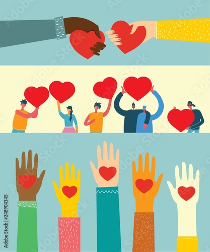 Share your Love. Hands with hearts as love massages. Vector illustration for Valentine's day in the modern flat style