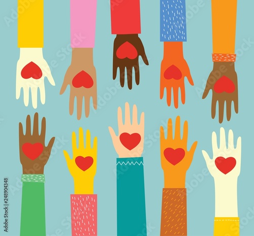 Share your Love. Hands with hearts as love massages. Vector illustration for Valentine's day in the modern flat style