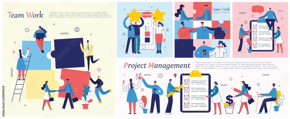 Vector illustrations of the office concept business people in the flat style. E-commerce, time management, start up, digital marketing and mobile advertising business concept